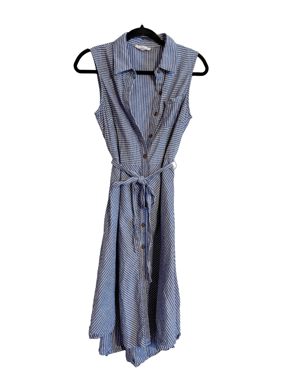 Parallel Skies Blue Stripe Cotton Shirt Dress Small Belted Coastal Midi